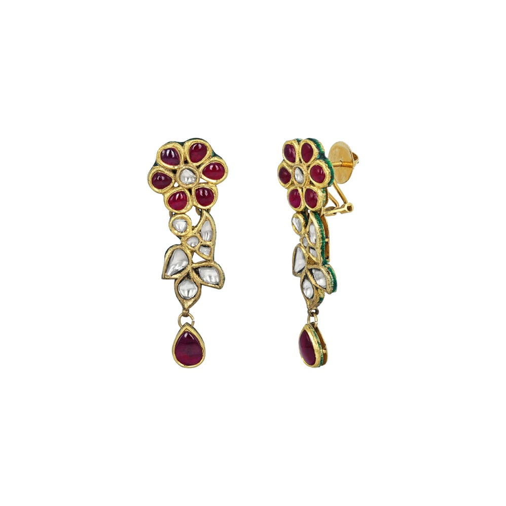 Floral Red Cabochon Earrings with Polki Diamonds and Teardrops